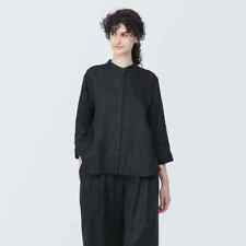 MUJI Womens 100% Linen Washed Stand Collar 3/4 Sleeve Blouse Black FedEx