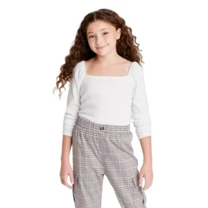 VVF) Girls Square Neck Ribbed Long Sleeve Top art class White Size Small 6/7 - Picture 1 of 1