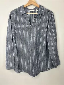 Chico’s Women’s 2 Blue White Gold Metallic Stripe Linen Long Sleeve Popover Top - Picture 1 of 12
