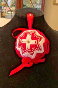 Vintage Christmas Ornament Decor Quilted Red White Lace 3.5" D Ball Handcrafted - Picture 1 of 5