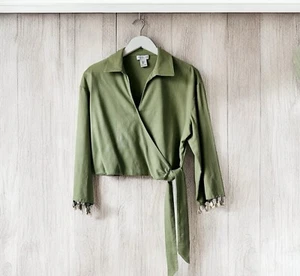 Rachel Zoe Shirt Womens XS Linen Blend  Tie Wrap Front  Sage Green Comfort - Picture 1 of 10