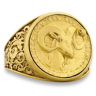 Real 18K Yellow Gold Aries Ring, Zodiac Sign Mens Gold Coin Astrology Ring - Image 1 of 4