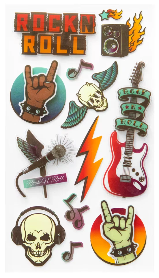 Rock Roll Skull Flames Guitar Microphone Group Band Music Recollections Stickers Foto 1 de 1