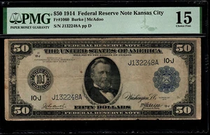 1914 $50 Federal Reserve Note Kansas City 10-J Fr. 1060 PMG 15 (BAE) J132248A - Picture 1 of 3