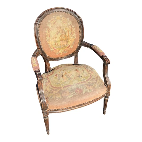 Early 20th Century Antique Needlepoint Tapestry Style Fabric & Wood Side Chair Cover