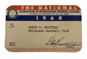 1960 NAPBL Miluakee Braves Season Pass with Hank Aaron, Joe Torre, Joe Adcock - Picture 1 of 3