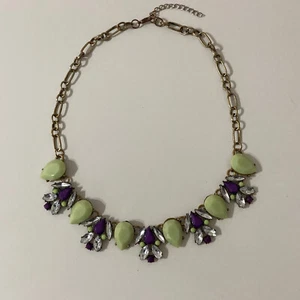 Purple Pastel Green Rhinestone Statement Bib Gold Tone Teardrop Acrylic Necklace - Picture 1 of 10