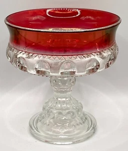 VTG Indiana Glass Kings Crown Pedestal Compote Clear Cranberry Glass Candy Dish - Picture 1 of 9