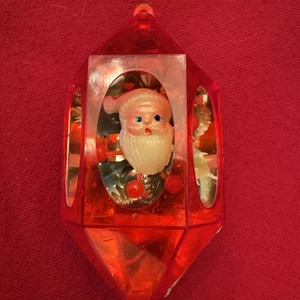 Vintage Jewel Brite Diorama Ornament Weihnachtsmann & grünes Sechseck geometrisch rot 3,5 Zoll - Bild 1 von 9