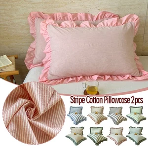 Home Washed Cotton Pillowcase 48x74cm Bedding Stripe Pillow Cover Ruffled 1 Pair - Picture 1 of 38
