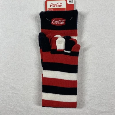 Meias femininas Coca Cola médias vermelhas pretas brancas listradas logotipo novidade - Imagem 1 de 4