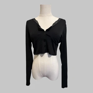 Y2K Black Ribbed Lace Cropped Cardigan Button Up Coquette Fairy Grunge Top L - Picture 1 of 10