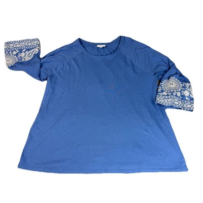 Top Jill bordado manga 3/4 para mujer grande alto azul algodón Tencel Festival Foto 1 de 4