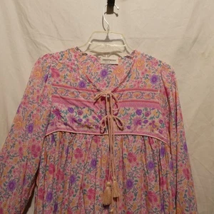 Good night macaroon Women's small floral tunic blouse top shirt pink tassel ties - Picture 1 of 10