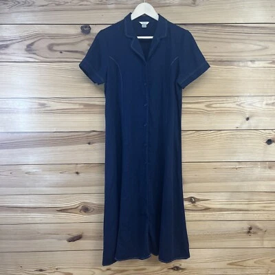 Maxi Vestido Christopher & Banks 10 Mezcla de Lino Azul Marino Cuello Abotonado B12 Foto 1 de 4