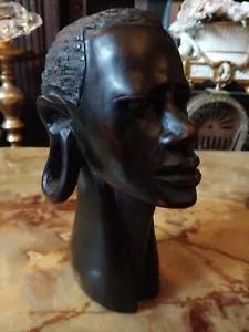 African Ebony Hand Carved Wood Head Sculpture, Long Earrings, Sculpture 8" - Picture 1 of 4