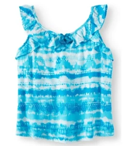 Girl's (10/12 Plus) Blue & White Watercolor Design Ruffled Summer Top Flared - Picture 1 of 4