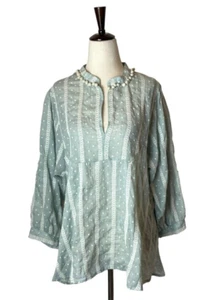 Camisa Zara Mujer XS Azul Verde Pom Pom Cuello Bordado Ojales Blusa Boho - Imagen 1 de 7