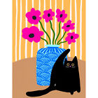 Pink Poppies in Blue Vase with Black Cat Funny Huge Wall Art Print Picture 18X24