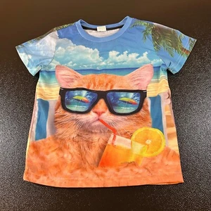 Cat Beach T-Shirt Summer Vacation Graphic Tee Short Sleeve Youth Extra Small - Picture 1 of 7