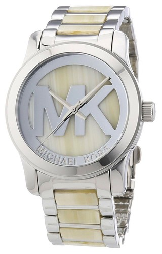 NUOVO OROLOGIO MICHAEL KORS RUNWAY HORN ALABASTRO + TONO ARGENTO LOGO MEDIE MK5787