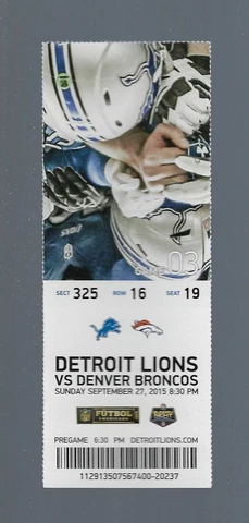 2015 NFL DENVER BRONCOS @ LIONS FULL UNUSED FOOTBALL TICKET - SUPER BOWL 50 Cover