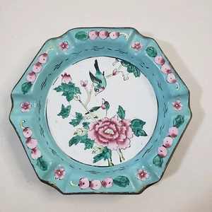 Vintage Chinese Green Blue Enamel Brass Hexagonal Ashtray Floral Birds - Picture 1 of 8
