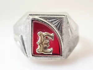 Vintage Art Deco Siegelring Initiale "E" roter Stein Sterlingsilber Bandring Gr. 11,5 - Bild 1 von 7