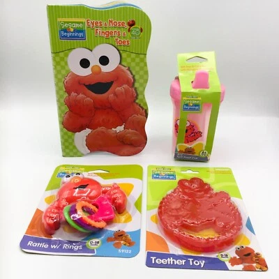 Elmo Sesame Street Beginning Baby Unisex Girl Boy Gift Set Cup Book Teeth Rattle - Image 1 of 4