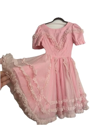 Vestido de fiesta de desfile rosa de colección para niñas cosido a mano con volantes de gasa necesita una puntada Foto 1 de 4