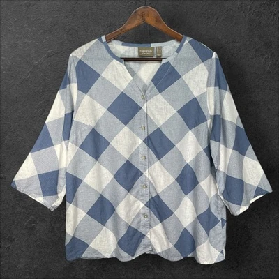 Blusa feminina d&co Naturals azul e branca quadriculada com botões manga 3/4 - Imagem 1 de 4