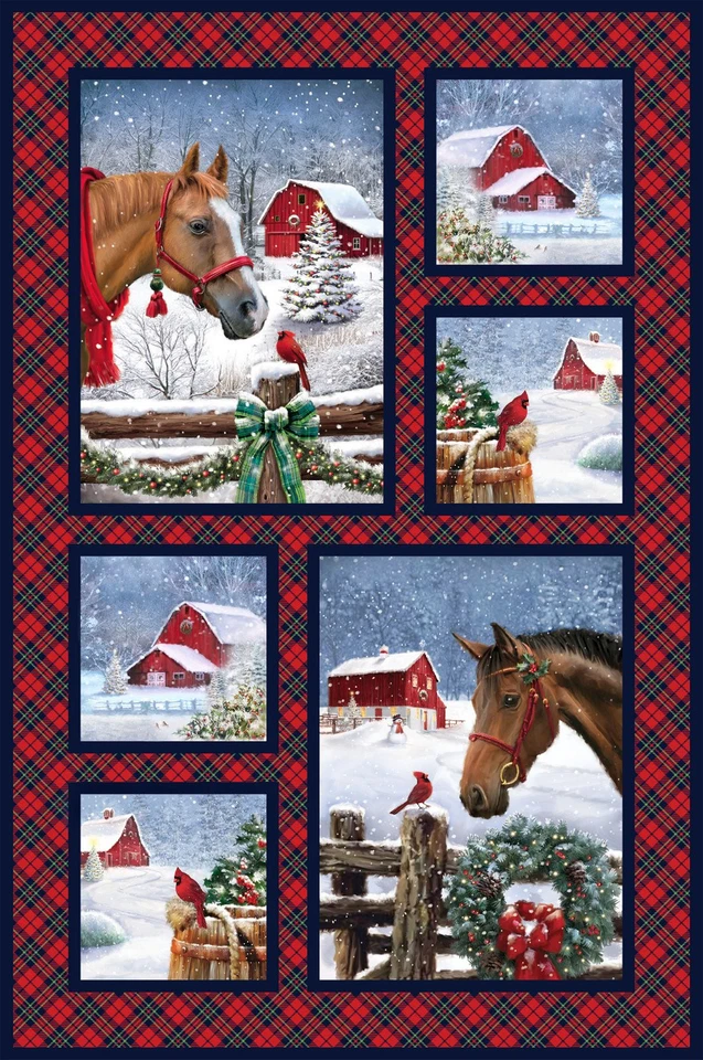 Painel de tecido 28" | Northcott Farmstead Friends Natal cavalo e celeiro blocos vermelhos - Imagem 1 de 1