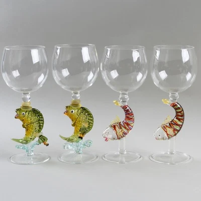 Juego de (4) copas de vino artesanales de koi rojo retroceso + lubina diseño Yurana Foto 1 de 4