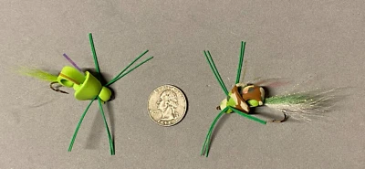ZEKE'S 3WT PANFISH FLIES STEALTH BOMBERS SIZE 2 HOOK CAMO AND LIME GREEN TROUT BASS FLIES FLY FISHING