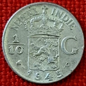 Silbermünze Niederländisch-Indien 1945 1/10 Gulden - Wilhelmina - KM# 318 (J) - Bild 1 von 2