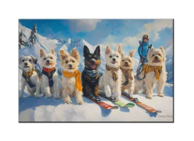 Adorable pintura de perros de esquí impresa sobre lienzo, perfecta para amantes de las mascotas obras de arte en el hogar Foto 1 de 4