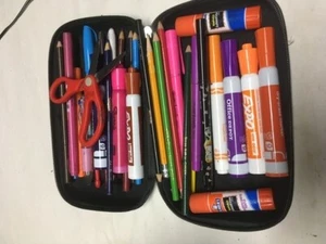 Pencil Case zippered w/ pencils, pens, markers, scissors, glue 9 x 5 x 2 inches - Picture 1 of 9
