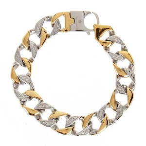 BlackJack! 2 Tone Gold Stainless Steel Pave Cuban Link Chain Bracelet 8.5" In - Picture 1 of 6
