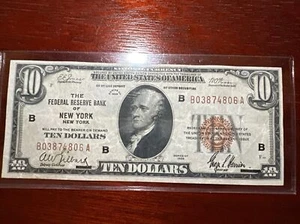 1929 $10 Federal Reserve Bank Note NEW YORK NY Brown Seal Crispy - Picture 1 of 2