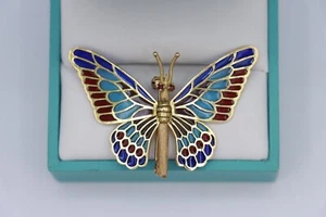 18K Yellow Gold Plique-A-Jour Multi-Color Enamel Butterfly Brooch MOVEABLE WINGS - Picture 1 of 13