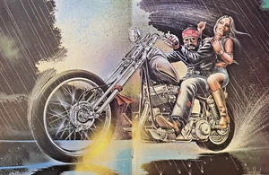 David Mann Poster Motorcycle Rider & Girl Passenger in Rain - Picture 1 of 1