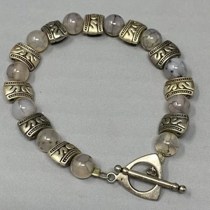 Stone Bead Bracelet White Cloudy Veined Gemstones Silver Tone Spacers Toggle 7" - Picture 1 of 9