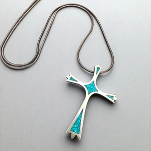 "Collar Cruz Plata Esterlina Vintage Turquesa Aplastada Suroeste 925 Cadena 30""" - Imagen 1 de 5