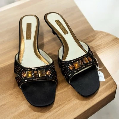 Ann Marino, сандалии на каблуке, черный, размер 6,5, кожаная подошва, стразы, платье для вечеринки.! - Изображение 1 из 4