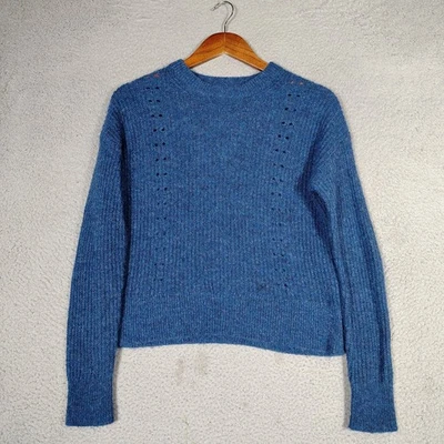 Suéter Banana Republic Mujer Pequeño Azul Mezcla de Lana Acanalado Tejido Ojales Cuello Redondo Foto 1 de 4