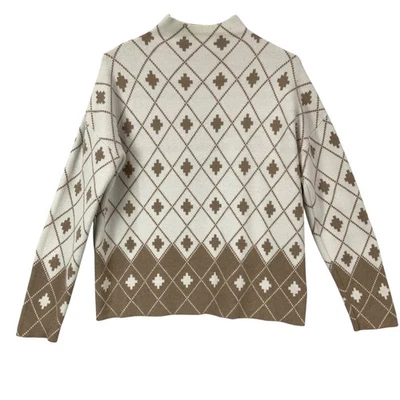 Rachel Zoe Mock Neck Argyle Long Sleeve Sweater Beige Brown Women's Medium - Image 1 of 4