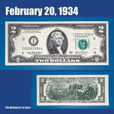February 20, 1934 Birthday Anniversary $2 Two Dollar Bill Serial Number 02201934 - Image 1 of 2