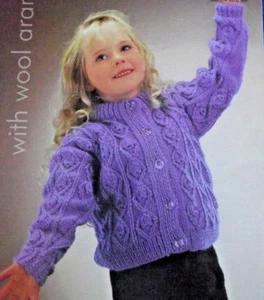 CHILD'S ARAN CARDIGAN KNITTING PATTERN SIZES 22" & 24"- 26" AGES 2-3, 4-7 YEARS - Picture 1 of 1