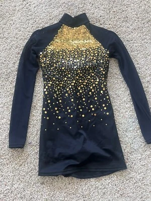 BALERA sparkly black gold leotard mesh sleeves SA euc dance acro costume - Imagem 1 de 2