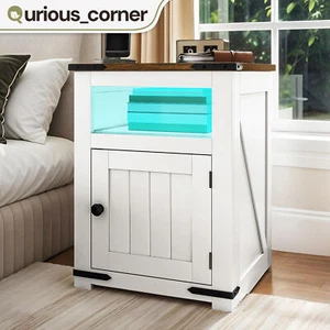 Nightstand Farmhouse End Sofa Side Table Bedside LED w/ Charging Station White - Picture 1 of 11